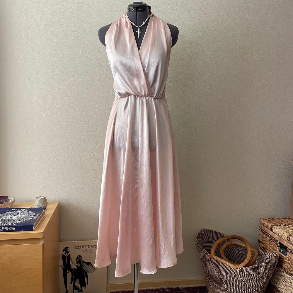 Vintage late 70s pastel pink satin silky midi dress retro